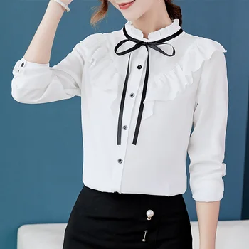 Rudenį 2019 Moterų Balti Marškiniai Ilgomis Rankovėmis Marškinėliai Korėjos Raukiniai Moterų Drabužių Streetwear Slim Šifono Palaidinė Elegantiškas Moterims Topai