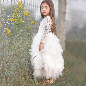 Rudenį ilgomis Rankovėmis Mergina Dress Nėrinių Gėlių 2020 Backless Paplūdimio Suknelės Baltos Vaikai Vestuvių Princesė Partijos Inscenizacija Mergina Drabužius 8T