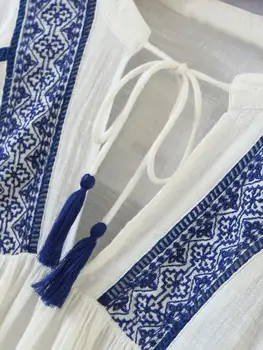 Rudenį Moterų, Bohemiškas Megztinis Siuvinėjimas, Marškinėliai Etninės ilgomis Rankovėmis V-Kaklo, Jungiamąją Iki BOHO Palaidinė Atostogų Viršūnes Femme Blusas Balta