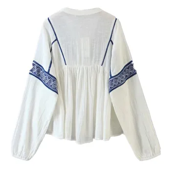 Rudenį Moterų, Bohemiškas Megztinis Siuvinėjimas, Marškinėliai Etninės ilgomis Rankovėmis V-Kaklo, Jungiamąją Iki BOHO Palaidinė Atostogų Viršūnes Femme Blusas Balta