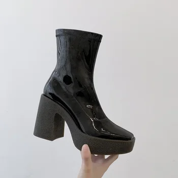 Rudenį, žiemą kokybės mikropluošto lakinės odos trumpi batai su užtrauktuku juodas aukštakulniais stora platforma moterų batai atsitiktinis batų