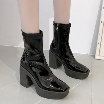 Rudenį, žiemą kokybės mikropluošto lakinės odos trumpi batai su užtrauktuku juodas aukštakulniais stora platforma moterų batai atsitiktinis batų