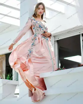 Saldus 3D Gėlės Taftos Maroko Kaftan Dubajus Vakaro Suknelės Appliques Duobute-line Saudo Arabijos Musulmonų Oficialią Šalies Chalatai