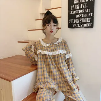 Saldus medvilnės mielas pižama nustatyti išgalvotas nėrinių paprasta namų drabužių sleepwear ilgomis rankovėmis viršuje kelnės pijamas kostiumas homewear Y277