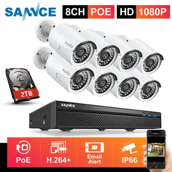 SANNCE 8CH 1080P POE NVR Rinkinys, CCTV Apsaugos Sistema 8pcs 2MP, ir SPINDULIŲ Lauko IP Kamera, Built-in Mikrofono CCTV Kit