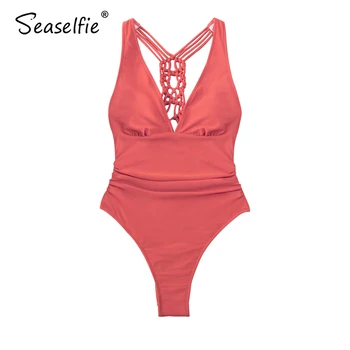 SEASELFIE Koralų Raudona Tinklelio Atgal ir Strappy vientisi maudymosi kostiumėlis Moterims Seksualus V-kaklo Monokini maudymosi Kostiumėliai, 2021 Maudymosi Kostiumą Paplūdimio