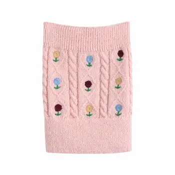 Seksuali Viso Mezgimo Retro Siuvinėjimo Flower Skara Megztinis Rožinė Apkarpytos Moterų Megztinis Stebėjimo Bako viršuje 2 gabalas 1 Set