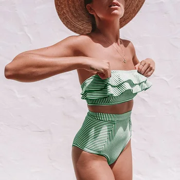 Seksualus Bikini 2020 Plisuotos Bandeau maudymosi kostiumėlį Moterų maudymosi Kostiumėliai Moterims Aukšto Juosmens Bikini Komplektas Bather Plaukimo Paplūdimio Maudymosi Kostiumas