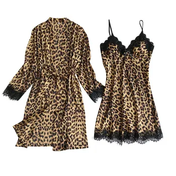 Seksualus Leopardas Spausdinti Šilko Pižamą Nustatyti Ponios Satino Cardigan Nightdress Chalatas Patogus Pagundai Mados Nightdress F04*