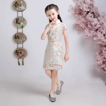 Senovinių Gėlių Siuvinėjimas Qipao Amžius 2 - 14 Metų Kūdikių Mergaičių Nėrinių Suknelė Kinų Stiliaus Cheongsam 2021 Naujas Vasaros Vaikai Frocks