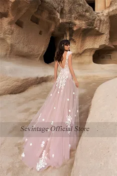 Sevintage Bžūp Rankovėmis Boho Vestuvių Suknelės 3D Gėlių Nėrinių Aplikacijos Grindų Ilgis Backless Nuotakos Suknelė, Paplūdimio Vestuvių Suknelės