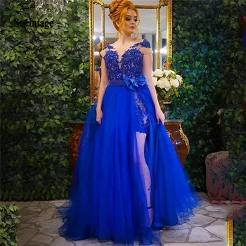 Sevintage Royal Blue Ritininės Pusėje Ilgas Vakarines Sukneles 2021 Perlai Nėrinių 2 Vnt Moteris Oficialų Šalis Suknelė Užsakymą Prom Chalatai