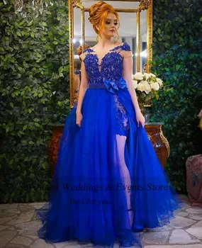 Sevintage Royal Blue Ritininės Pusėje Ilgas Vakarines Sukneles 2021 Perlai Nėrinių 2 Vnt Moteris Oficialų Šalis Suknelė Užsakymą Prom Chalatai