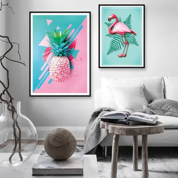 Sienos Menas Šiuolaikinės Šiaurės šalių Rožinė Ananasų Flamingo Drobės Tapybos Augalų Nuotrauka Plakatus ir Spausdina Vaikų Kambarį Apdaila