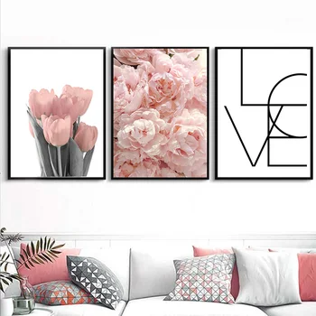 Sienos Meno Tapybos Drobės Pink Tulpės, Bijūnai, Rožių Gėlių Šiaurietiško Minimalizmo, Plakatų ir grafikos Sienos Nuotraukas Gyvenimo Kambario Dekoro