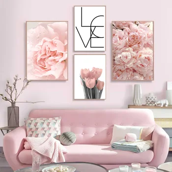 Sienos Meno Tapybos Drobės Pink Tulpės, Bijūnai, Rožių Gėlių Šiaurietiško Minimalizmo, Plakatų ir grafikos Sienos Nuotraukas Gyvenimo Kambario Dekoro