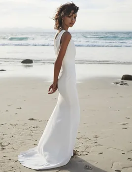 Smileven Paplūdimys Vestuvių Suknelės V Atgal Minkšto Satino Undinė Vestuvinės Suknelės Rankovių Bohemijos Undinė Vestuvių Suknelės