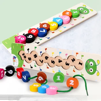 Spalvinga Kūdikių Skaičius Mokymosi Montessori Žaislai, Mediniai Apjuostame Threading Caterpillar Skaitmeninis Karoliukai Švietimo Žaislai Vaikams