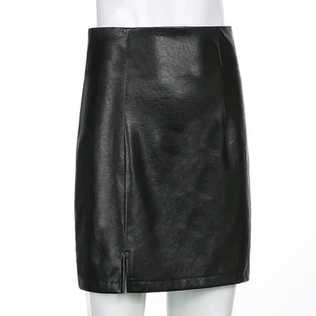 SUCHCUTE Gothic Black Pagrindinio Mini Sijonas Moterims Streetwear Punk Stiliaus PU Odos Padalinta Sijonas E Mergina 90s Komplektus Mujer Faldas