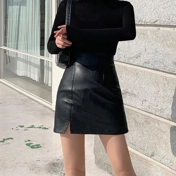 SUCHCUTE Gothic Black Pagrindinio Mini Sijonas Moterims Streetwear Punk Stiliaus PU Odos Padalinta Sijonas E Mergina 90s Komplektus Mujer Faldas
