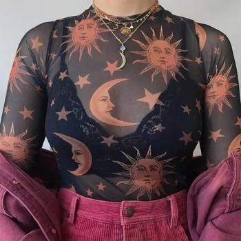 Sun Moon Spausdinti Skaidrus Akių Seksualus T-Shirt Moterims, O-Kaklo, Ilgomis Rankovėmis Slim Pagrindinio Atsitiktinis Moterų Viršūnių 2019 M. Pavasarį Naujas