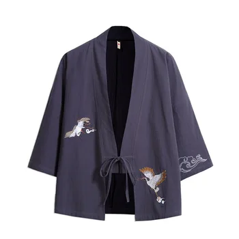 Tamsiai Pilkos Vyrų Japonų Stiliaus Yukata Kailis Pavasarį, Rudenį Naujų Senovinių Samurajus Kostiumas Lino Medvilnės Prarasti Siuvinėjimo Suknelė Kimono