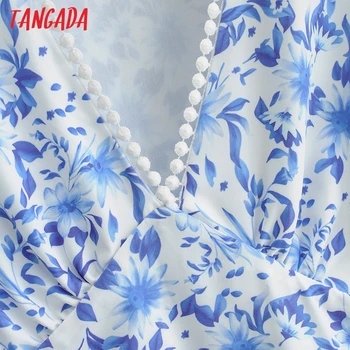 Tangada Mados Moterų Nėriniai Kratinys Mėlynos Gėlės Spausdinti Suknelė V-Kaklo, ilgomis Rankovėmis Ponios Mini Suknelė Vestidos SY173