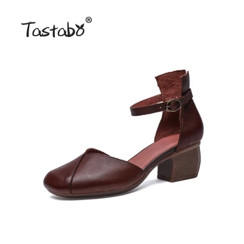 Tastabo natūralios Odos moteriški batai Diržo sagtis aukšto kulno dizainas Paprastas atsitiktinis stiliaus Rudos spalvos juoda S19051 Aukštos obcasie batų