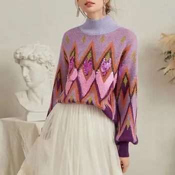 TEELYNN violetinė China siuvinėjimo Tingus megztiniai moterims derliaus ilgomis rankovėmis golfo rudens žiemos Megzti megztinis šiltas megztinis