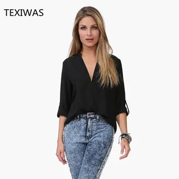 TEXIWAS 2018 m. pavasario ir vasaros naujų temperamentas marškinėliai moteriški laisvalaikio mada ilgomis rankovėmis V-apykaklės prarasti lady šifono marškinėliai