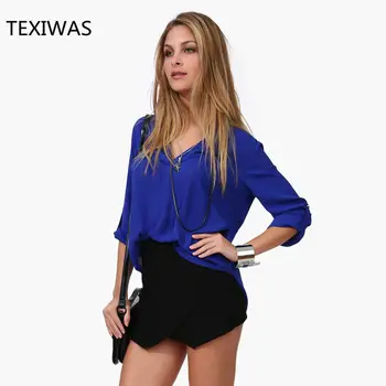 TEXIWAS 2018 m. pavasario ir vasaros naujų temperamentas marškinėliai moteriški laisvalaikio mada ilgomis rankovėmis V-apykaklės prarasti lady šifono marškinėliai