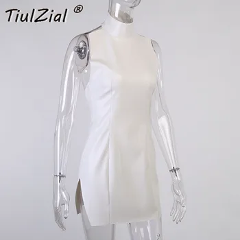 TiulZial Backless PU Odos Mini Suknelė Balta Golfo Bodycon Suknelė Moterų Klubo Šalies Rankovių Slydimo Trumpos Suknelės