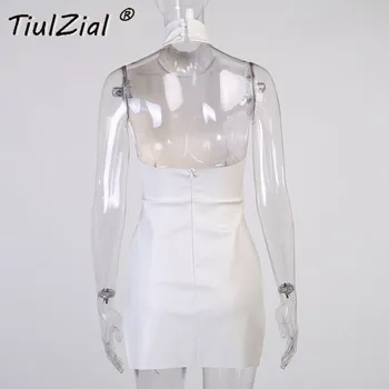 TiulZial Backless PU Odos Mini Suknelė Balta Golfo Bodycon Suknelė Moterų Klubo Šalies Rankovių Slydimo Trumpos Suknelės