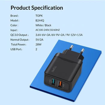TOPK 28W Greitas Įkroviklis QC3.0 USB Kelionės Įkroviklis ES Telefono Kroviklio Adapteris, Skirtas 
