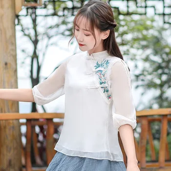 Tradicinis kinų Moterų Mandarinų Apykaklės Marškinėliai Palaidinė Derliaus Ladys Siuvinėti Gėlių Viršūnės Rytų Hanfu Etape Parodyti Drabužiai