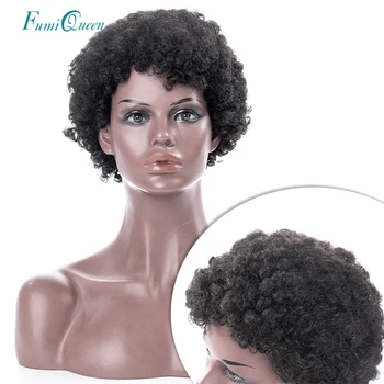 Trumpas Afro Keistą Garbanoti Perukai Natūralių Spalvų Brazilijos Remy Žmogaus Plaukų Perukai Už Juodaodžių Moterų Ali FumiQueen Plaukų Pilna Mašina Perukai