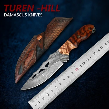 TUREN-Full Tang Damasko Plieno fiksuotu Peilis Lauko Medžioklės Įrankiai Taktiniai Peiliai Raižyti odos Apvalkalas 59-60HRC Kolekcija