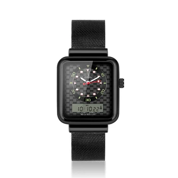Unikalus Mens Kvadratinių Žiūrėti su Dvejopo Ekrano Šviesos Skaitmeninis Laikrodis Vyrų Tinklinio Plieno Dirželis Watchbands Vyrų Laikrodis Laikrodžiai