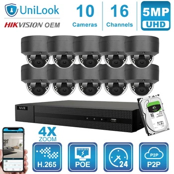 UniLook 16CH NVR 8/10/12/16Pcs Pilka 5MP 4X Zoom POE Dome IP Kameros Hikvision OEM H. 265 Saugumo Lauko CCTV NVR Rinkiniai Su HDD