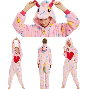 Unisex Suaugusiųjų Anime Kigurumi Moterų Vienaragis Pižama Žiemos Sleepwear Kalėdų Onesie Dygsnio Unicornio Flanelė Gobtuvu Femme Pyjama