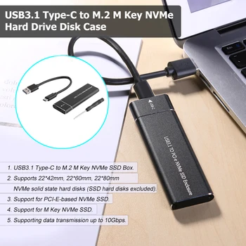 USB 3.1 Tipas-C 2 M. NVMe SSD Išorės Talpyklos Aliuminio Lydinio 10Gbps M-Key PCI-E Kietojo Disko Mobiliojo Atveju Langelis