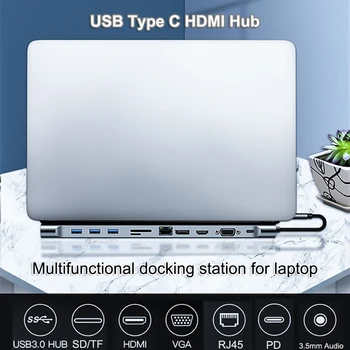 USB C Tipo STEBULĖS HDMI, RJ45 Daugiafunkcinis 11 1 Carde Reader OTG PD Adapteris Parama 