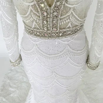 V Kaklo Balta Undinė Vestuvių Suknelės Backless 2020 vestido de noiva Prabangūs Krištolo Puošnios Nėrinių Nuotakos Suknelė ilgomis Rankovėmis Gelinlik