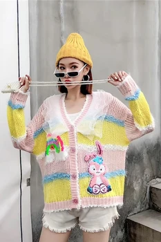 Vaivorykštės spalvų antiblokavimo plonos vilnos megztiniai megztinis, lėlės apykaklės, rudenį dėvėti, blizgučiais susiėmę cardigan megztinis, tingus stilius