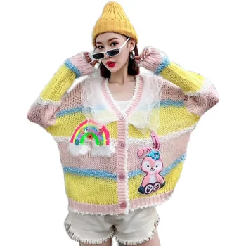 Vaivorykštės spalvų antiblokavimo plonos vilnos megztiniai megztinis, lėlės apykaklės, rudenį dėvėti, blizgučiais susiėmę cardigan megztinis, tingus stilius