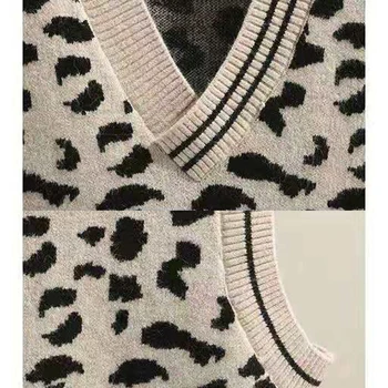 Vangull Leopard Megztinis Megztas Liemenė Moterims Atsitiktinis Derliaus korėjos stiliaus Minkštas Megztinis be Rankovių su V-Kaklo 2020 M. Pavasario Rudens Vest