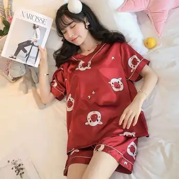 Vasaros Cool Moterų Pižama Rinkiniai su Gėlių Spausdinti Mados Prabangių Moterų Dirbtiniais Šilko Dviejų dalių Marškinėliai + Kelnės naktiniai marškinėliai Sleepwear