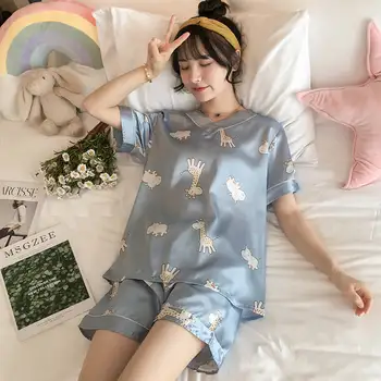 Vasaros Cool Moterų Pižama Rinkiniai su Gėlių Spausdinti Mados Prabangių Moterų Dirbtiniais Šilko Dviejų dalių Marškinėliai + Kelnės naktiniai marškinėliai Sleepwear
