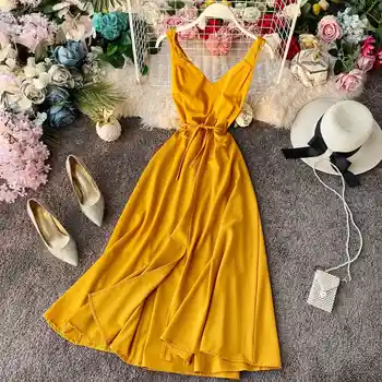 Vasaros Suknelė Moterims Aukšto Juosmens V Kaklo 2020 korėjos Ilgos Suknelės-line Seksualus Mados Vestidos