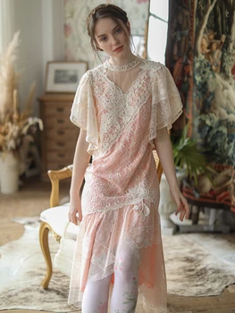 Vasaros Suknelė Moterims, Originalus Dizainas, Vintage Elegantiškas Plonas Rausva Nėrinių Midi Suknelė Retro Victoria Siuvinėjimo Duobute Atsitiktinis Ilga Suknelė